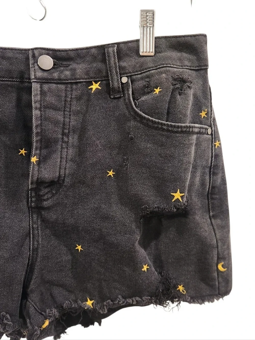 Tinseltown Black Denim Shorts Size 11 Juniors Gold Star Moon Embroidered Distres